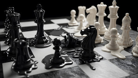 showing black and white chess pieces melting on a textured board with dark background....の写真素材
