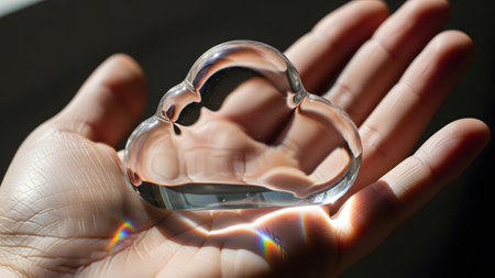 showing clear glass cloud paperweight resting in an open human palm with rainbow light...の写真素材
