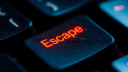 showing close up of a glowing red escape key on a dark computer keyboard with subtle blue...の写真素材