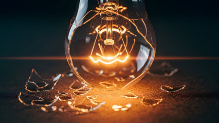 Bulb showing broken incandescent light bulb with glowing filament and shattered glass fragments...の写真素材