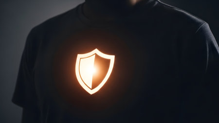 showing close-up of a person wearing a dark shirt with a glowing orange shield symbol on...の写真素材