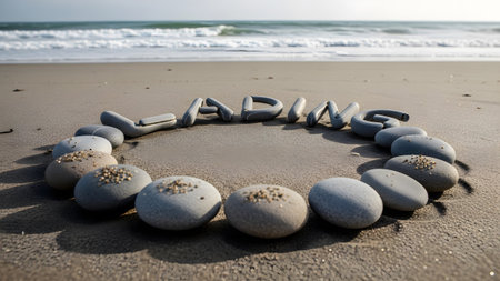 Gentle showing circular arrangement of smooth grey stones spelling loading on a sandy...の写真素材