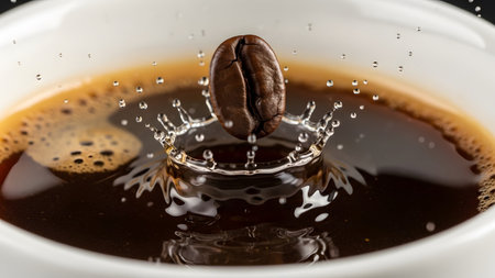 A coffee bean is captured mid-air above a dark coffee splash with foam and water droplets in a cup.の写真素材