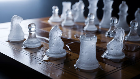 showing clear glass chess pieces covered in water droplets on a wooden chessboard in a...の写真素材