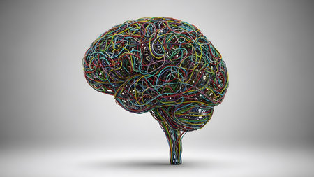 A human brain shape constructed from a dense, multi-colored network of intertwined wires on a...の写真素材