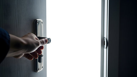 A hand grips a silver door handle, opening the door to a bright, overwhelming white light beyond.の写真素材