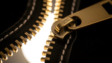 Zipper showing close-up of a golden zipper slider on a black fabric with white stitching and...の写真素材