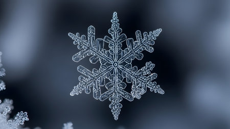 showing detailed hexagonal ice crystal snowflake with sharp crystalline branches against a...の写真素材