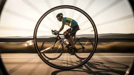 A cyclist is seen through a large wheel, with a sunburst effect and motion blur on the road.の写真素材