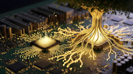 A conceptual of a luminous digital tree with roots and branches emerging from a computer circuit...の写真素材