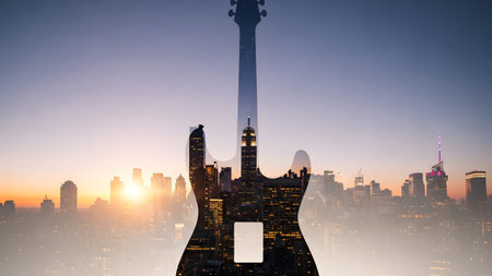 showing double exposure of electric guitar silhouette overlooking a city skyline at...の写真素材