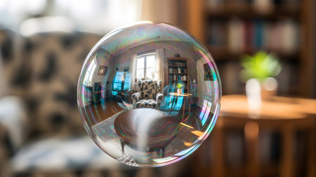 A soap bubble a detailed reflection of a living room with furniture, bookshelves, and natural light.の写真素材