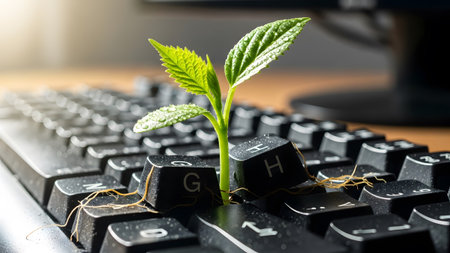 showing green sprout growing through black computer keyboard with water droplets.の写真素材