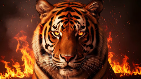 showing fierce tiger with glowing eyes surrounded by flames and fire. resolution...の写真素材