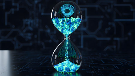 Blue showing hourglass filled with glowing blue binary code and digital circuit background.の写真素材