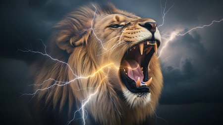 A fierce lion roars with lightning striking around its head against a backdrop of dark stormy...の写真素材