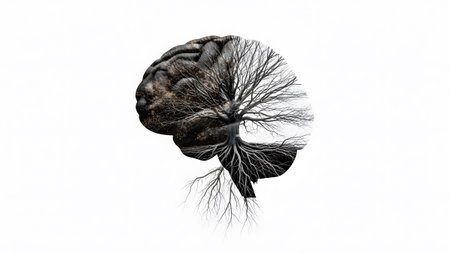 A human brain silhouette with a barren tree and roots growing within its form on a white background.の写真素材