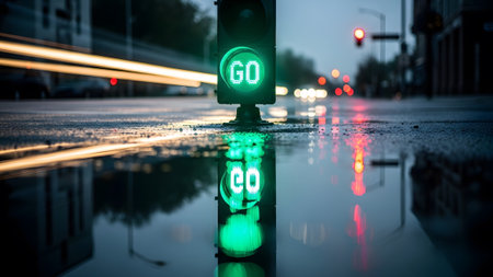 showing green traffic light displaying go with reflections on a wet city street at night....の写真素材