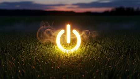 A bright yellow power button symbol glows on a dewy grassy field at dusk with ethereal smoke.の写真素材