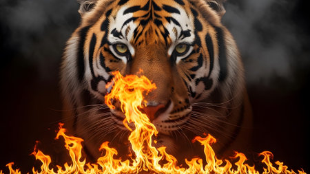 showing intense tiger face surrounded by flames and smoke in dark setting. resolution...の写真素材