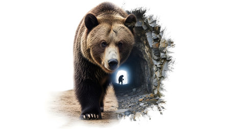 showing grizzly bear emerging from a rocky tunnel entrance with a small figure in the...の写真素材