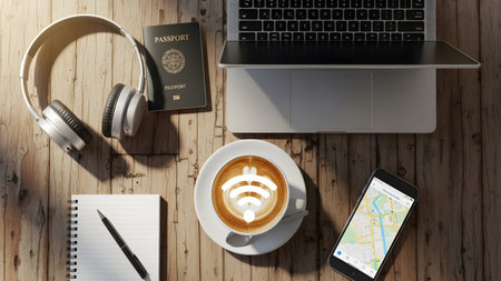 Overhead view of a wooden desk with a laptop, headphones, passport, smartphone displaying a map,...の写真素材