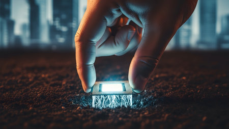 A hand places a glowing microchip with visible roots into dark soil, with an abstract city...の写真素材