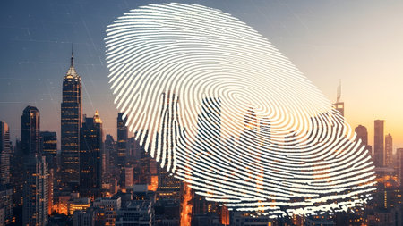 Vibrant showing large fingerprint superimposed on a vibrant city skyline at dusk.の写真素材
