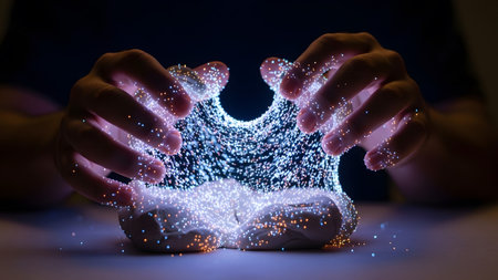 Hands shape a glowing, fluid substance filled with countless bright blue and orange light particles.の写真素材
