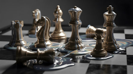 showing gold and silver chess pieces melting and dripping on a checkered board with a dark...の写真素材