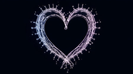 showing heart shape formed by splashing water with droplets against a dark background....の写真素材