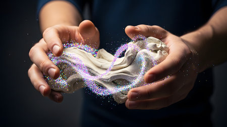 Hands cradle a soft, light-colored amorphous adorned with swirling, sparkling purple and pink...の写真素材