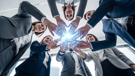 Overhead view of business team hands clasped, with a bright blue digital network connecting them...の写真素材