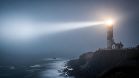 Category: showing lighthouse with red and white stripes casts a powerful beam of light across a...の写真素材