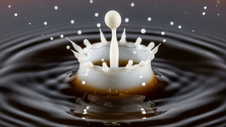 A frozen moment of a milk splash creating a crown shape with ripples in dark liquid.......の写真素材