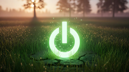 showing luminous green power button symbol sits on cracked earth in a grassy field at...の写真素材
