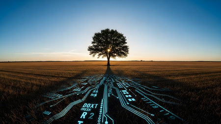 A solitary tree stands in a dry golden field, its roots transforming into a glowing blue digital circuit board, symbolizing the fusion of nature and technology. The scene is set during the golden hour, with the sky awash in warm hues, highlighting the tree's silhouette and the intricate details of the circuit board. This image captures the essence of growth, innovation, and the future of technology intertwined with the natural world.の写真素材