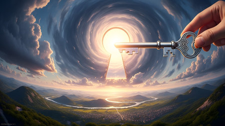 A hand holds a silver key, unlocking a swirling portal in the sky above a green valley....の写真素材