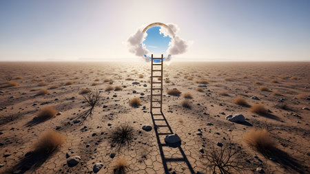 showing ladder to cloud opening in arid desert landscape under clear sky. resolution...の写真素材