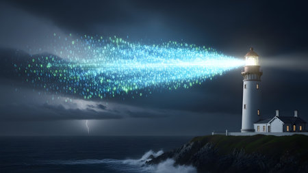 showing lighthouse beam emitting digital binary code data stream into stormy dark ocean...の写真素材