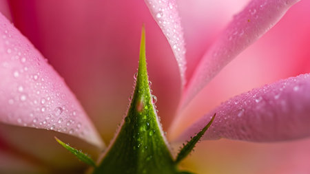 showing macro of a soft pink rose petal with water droplets and a green stem tip.の写真素材
