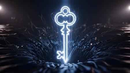 A bright neon blue key glows, emerging from a dark, swirling vortex filled with debris....の写真素材