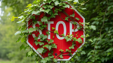 Sign showing red octagonal stop sign with white lettering covered in green ivy and vines against...の写真素材