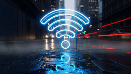 Blue showing neon wifi symbol glowing blue on wet city street at night with blurred car lights....の写真素材