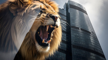 A close-up of a roaring lion's head superimposed over a tall glass skyscraper against a cloudy sky.の写真素材