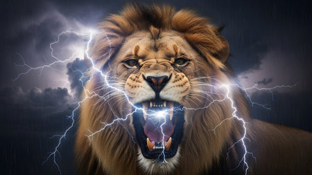 Lion showing lion roaring amidst intense lightning strikes and dark stormy clouds.の写真素材