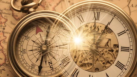 Compass showing vintage pocket watch and compass overlayed on old map with golden light rays....の写真素材