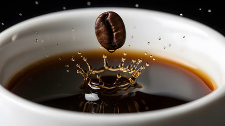 A single coffee bean drops into a white mug of dark coffee, creating a dynamic splash and droplets.の写真素材