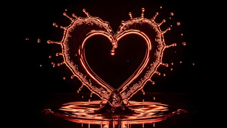 showing red water splash heart shape with dark background and reflection. resolution...の写真素材