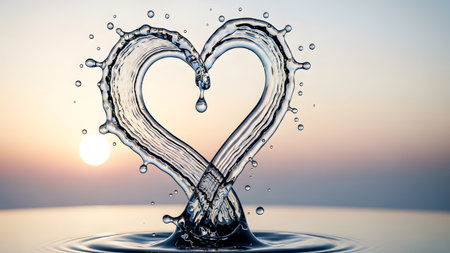 showing water splash heart shape with sunset and ripples on water surface. resolution...の写真素材